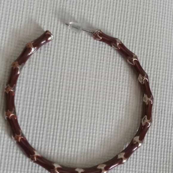 Dark Brown Enamel & Silver Toned Bamboo Style Thin Metal Hoop Fashion Earrings - Picture 6 of 8